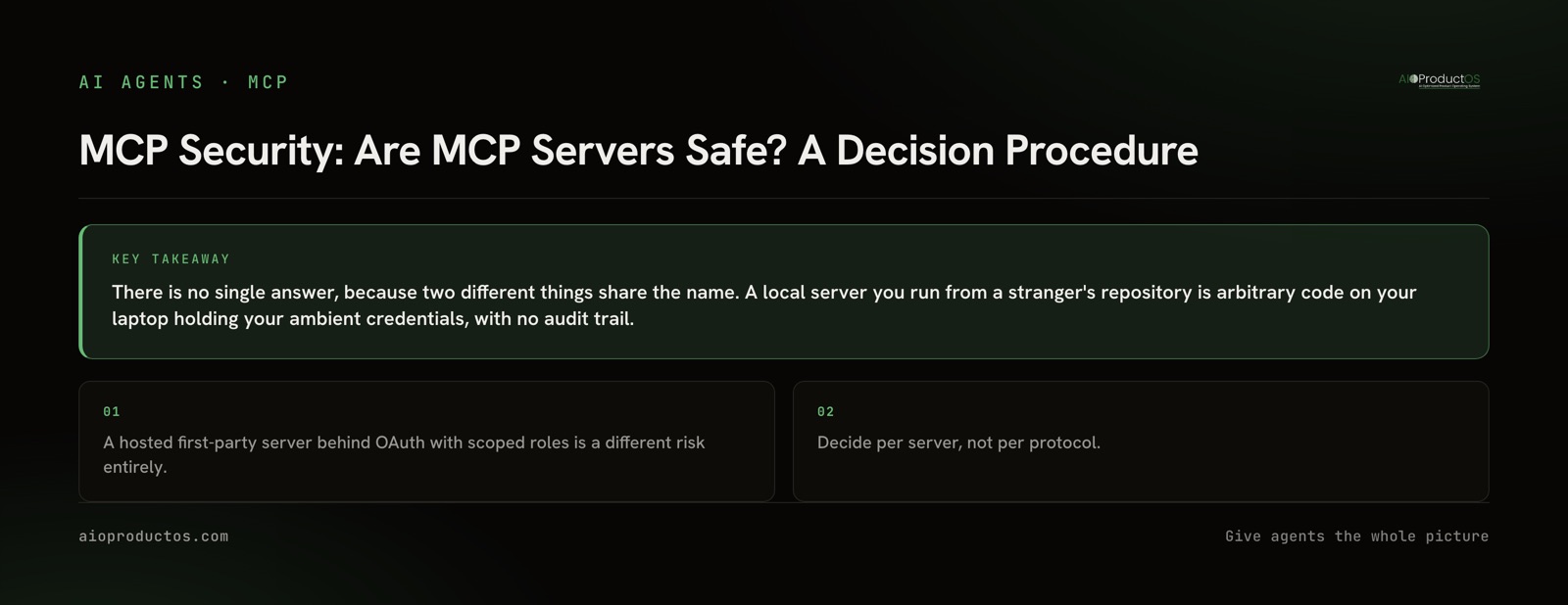 Two MCP server risk profiles compared: a third-party local server versus a hosted first-party server behind OAuth