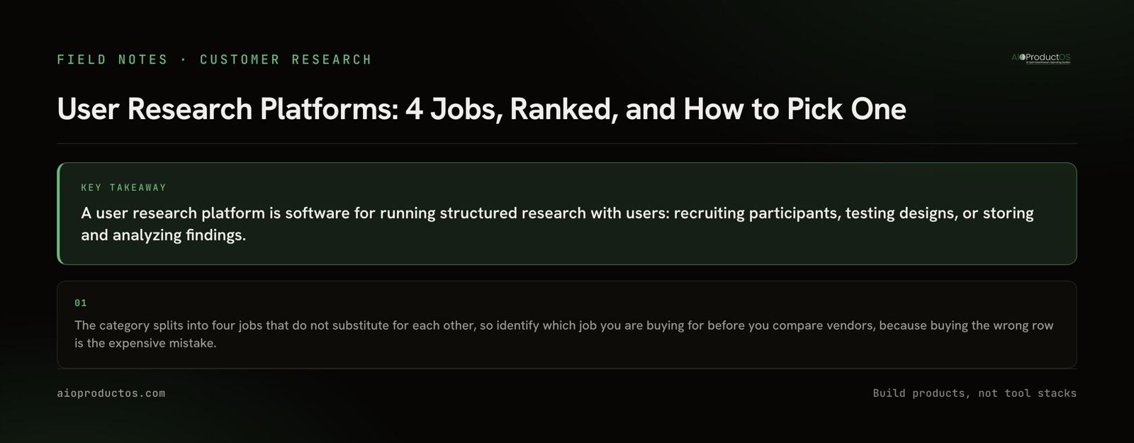 Diagram of the four user research platform jobs, what each is for, and the signal that tells you which row you are in