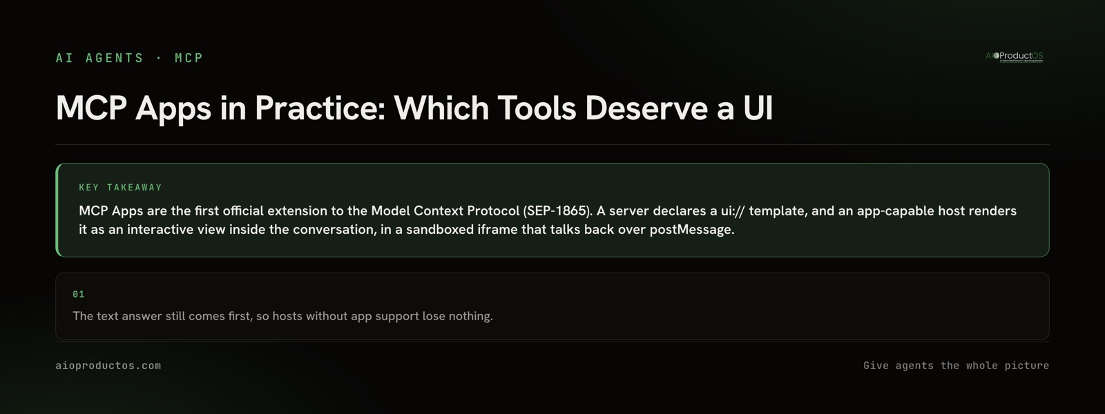 MCP Apps architecture: a ui:// template rendered in a sandboxed iframe beside the text answer