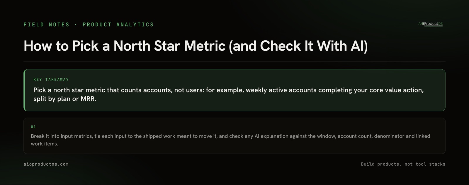 North star metric decision diagram: pick one account-weighted measure of delivered value, tie its inputs to shipped work, and check it with an AI assistant