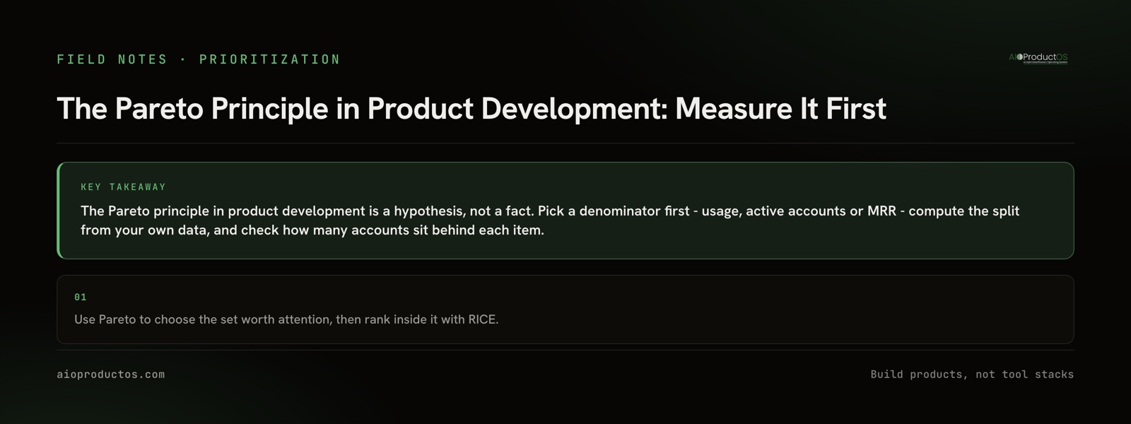 Diagram: the Pareto principle in product development - measure the vital few by usage, accounts and revenue before ranking with RICE