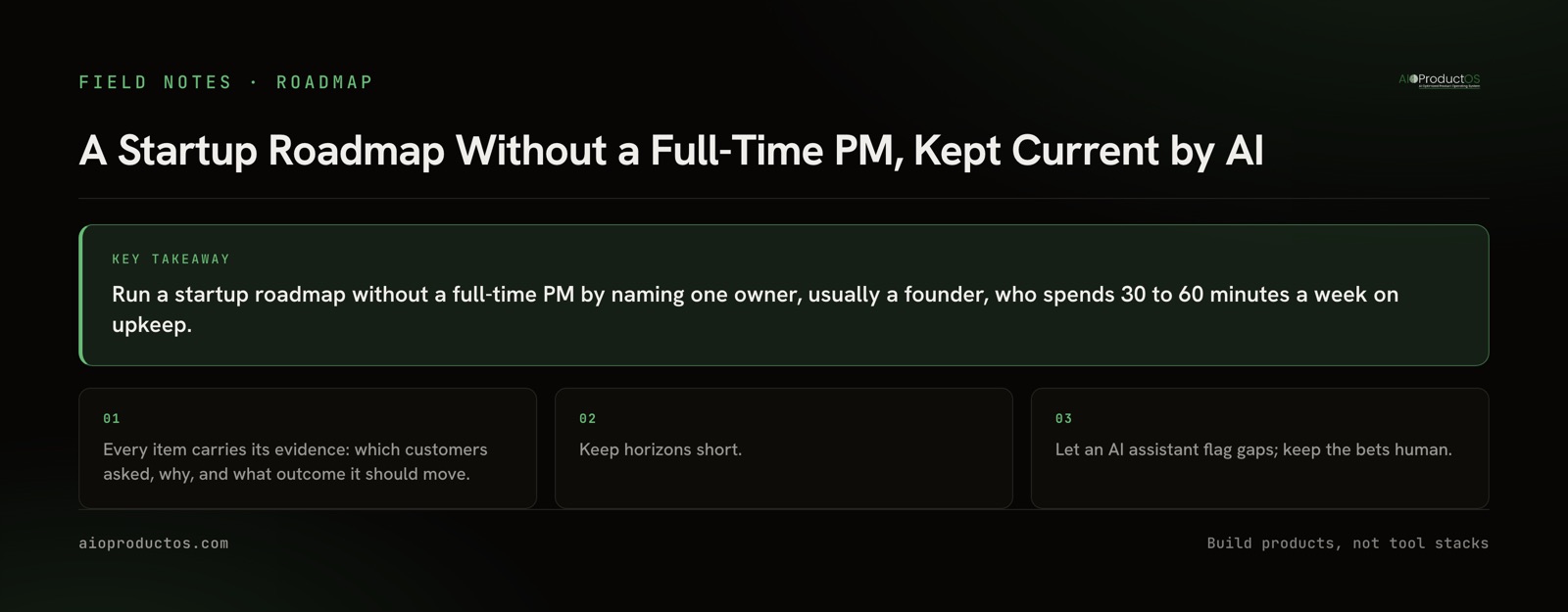 Startup roadmap without a full-time PM: evidence-linked items, one owner, AI upkeep