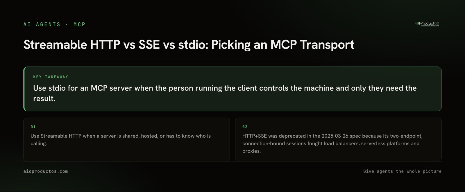 Streamable HTTP vs SSE vs stdio: the three MCP transports compared, and which one to use